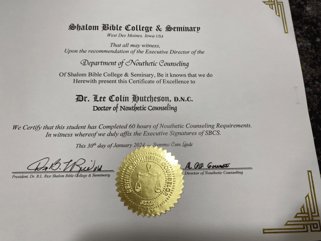 Shalom Bible College and Seminary certificate of excellence