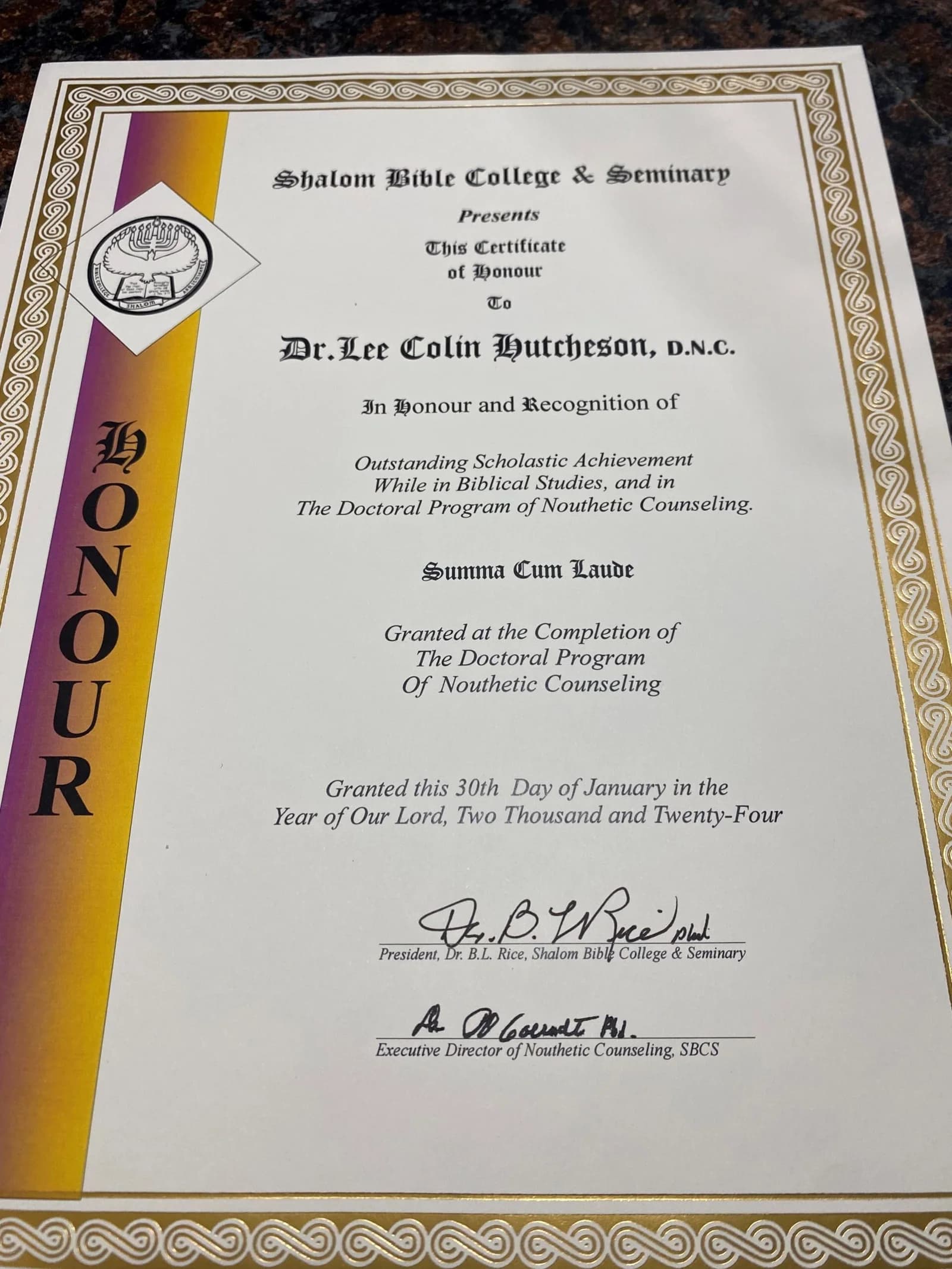 Shalom Bible College and Seminary certificate of honour